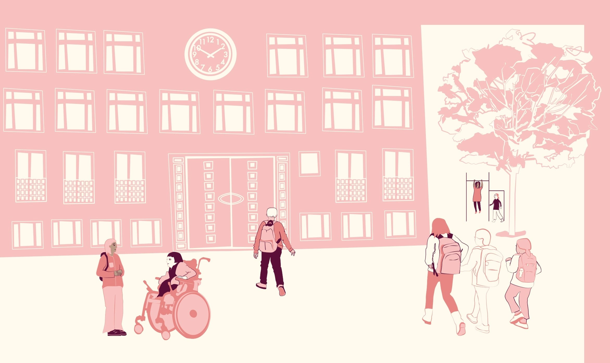 Illustration på en skola och barn som leker på skolgården i rosa och beigea toner. 