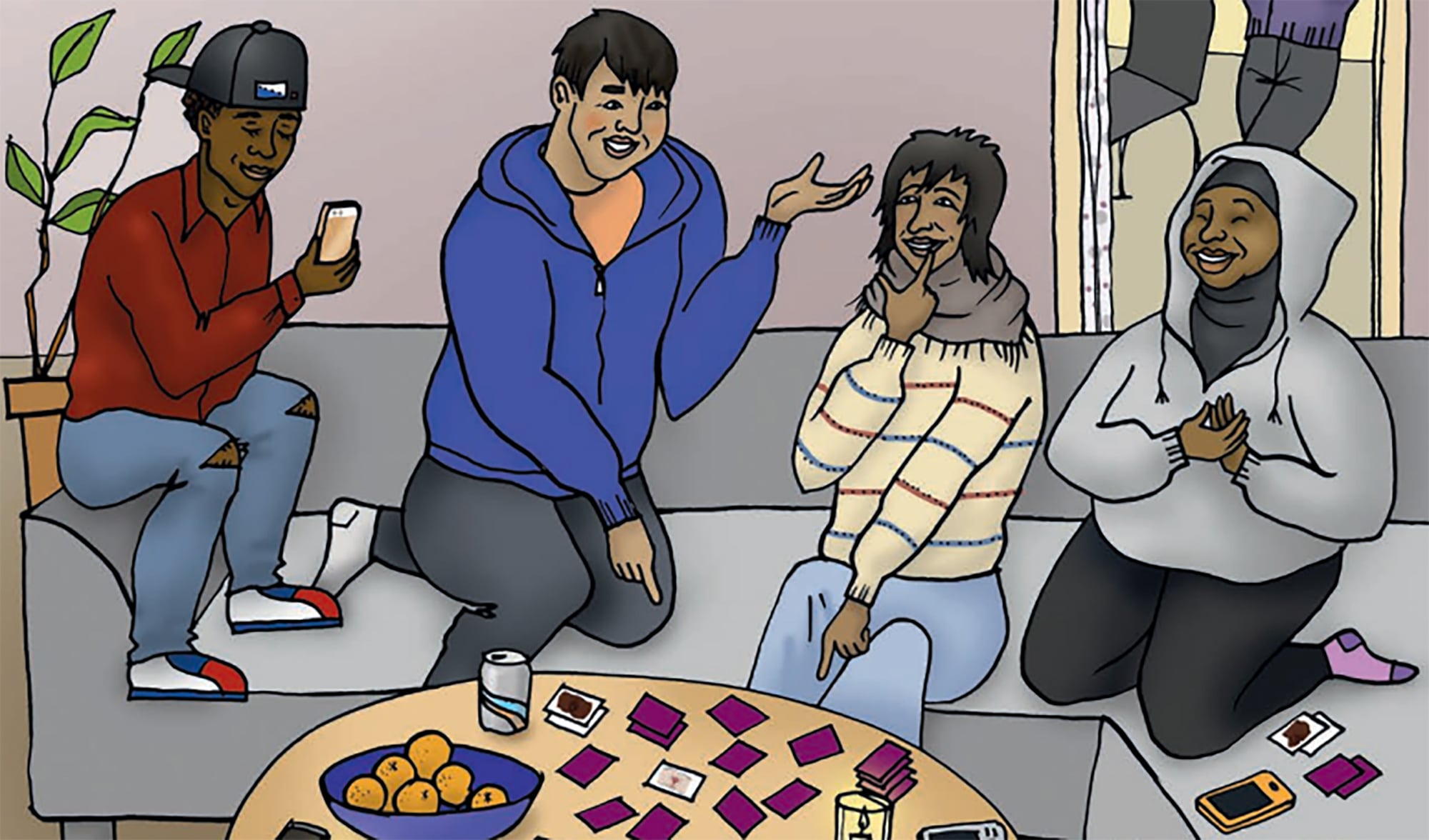 Illustation på elever som sitter runt ett bord och spelar kort och unmgås