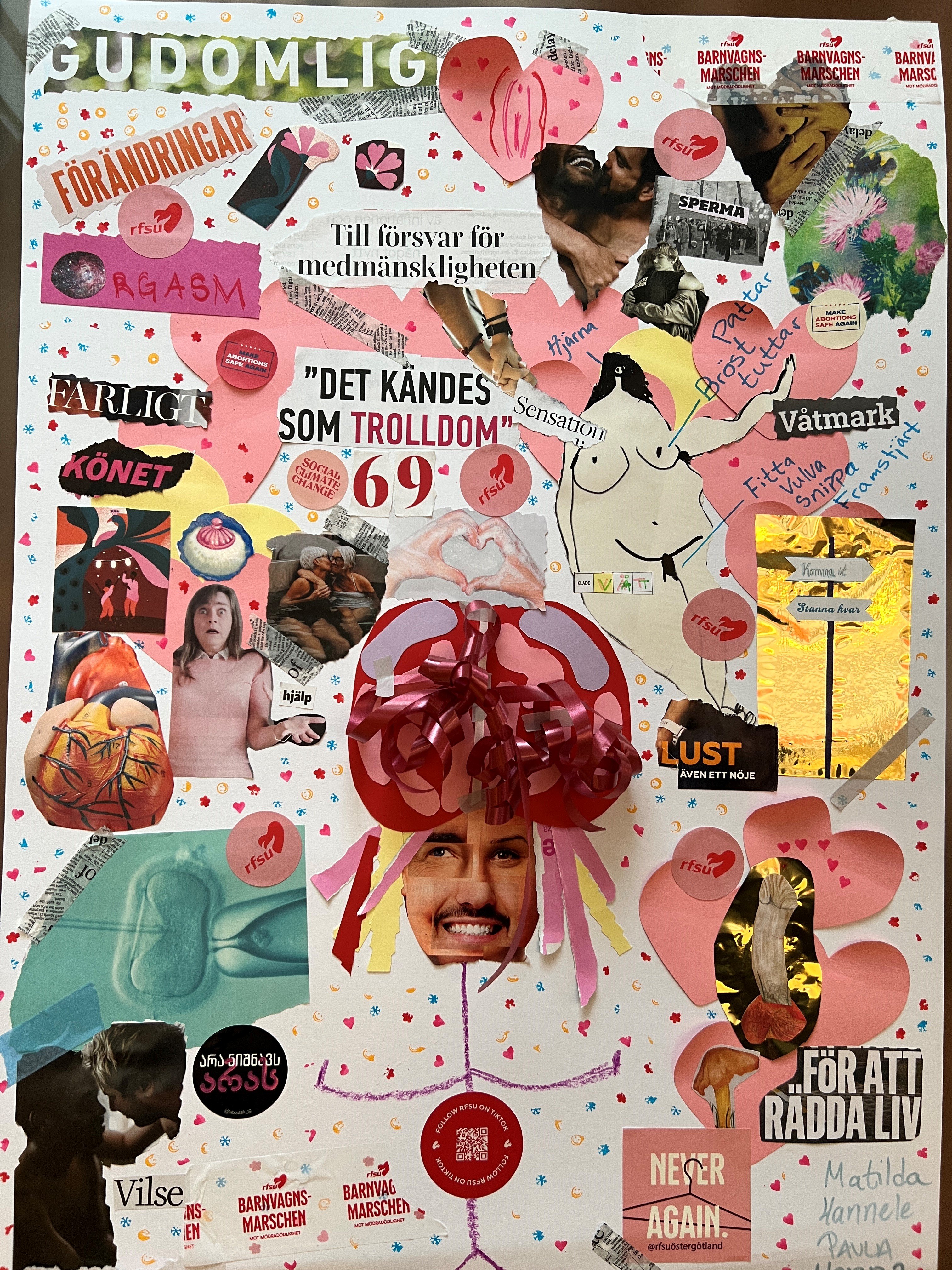 Ett färgstarkt collage med utklippta bilder, ord som ”GUDOMLIG” och ”LUST”, samt illustrationer av kroppsdelar.
