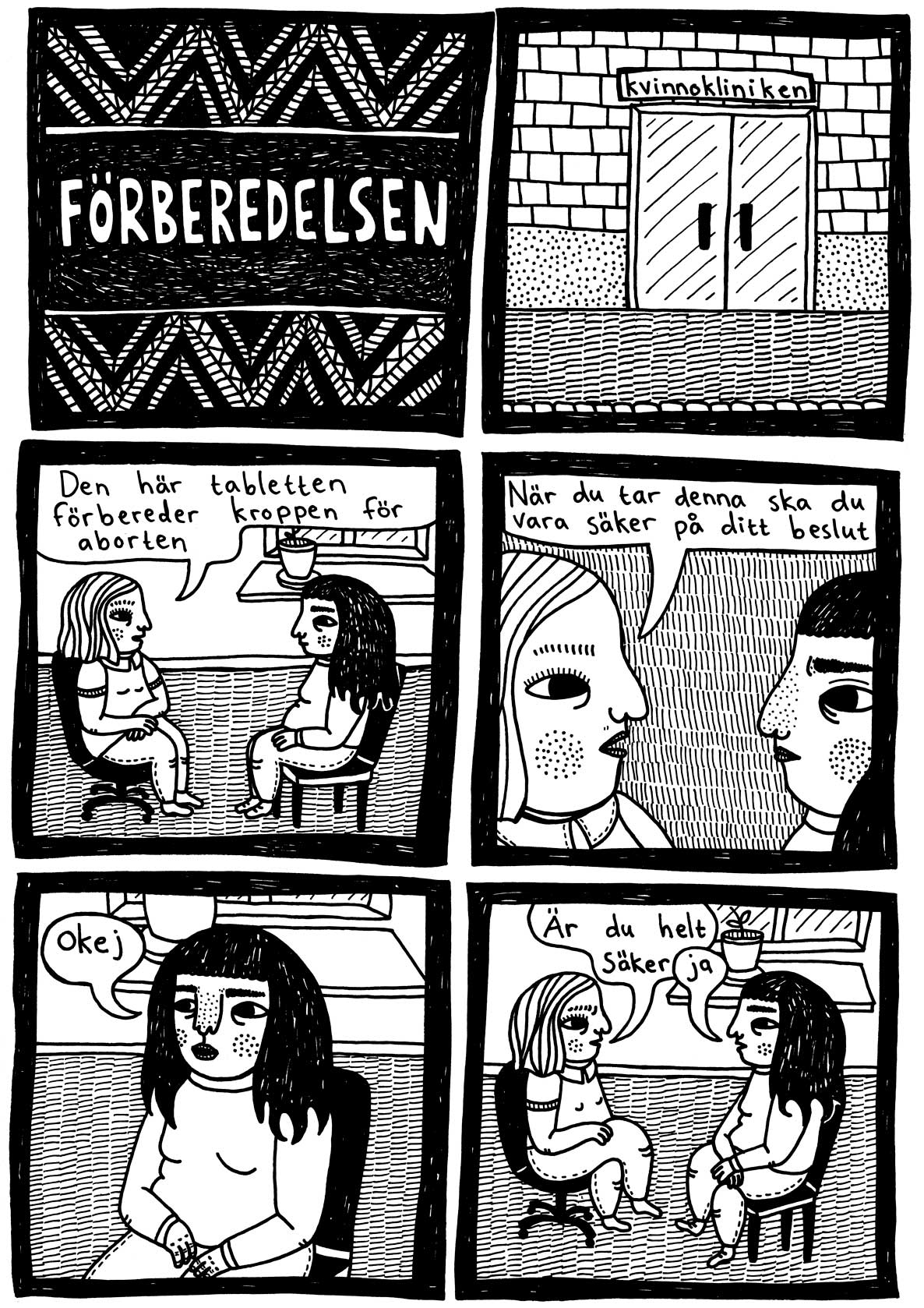 Bilden föreställer en sida ur en serietidning med sex små illustrationer i svartvitt med människor