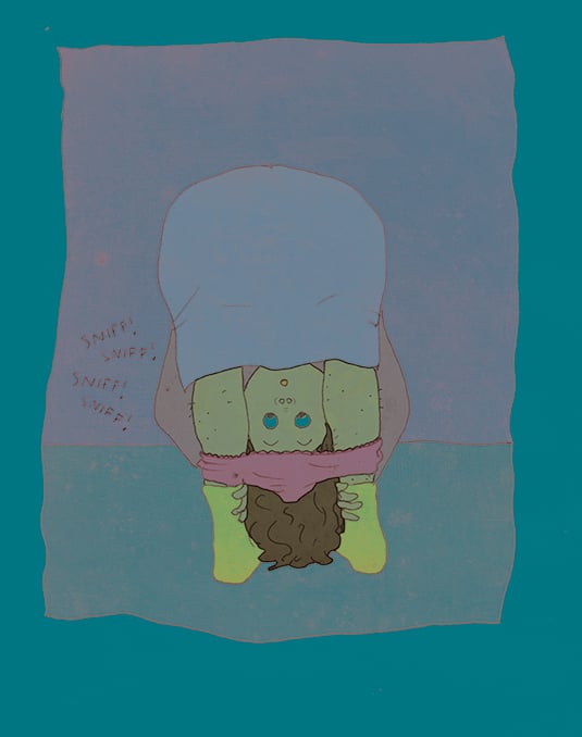 En illustration i blåa och gröna nyanser som visar en person sedd uppifrån och ner, framåtböjd med huvudet mellan benen. Personen tittar uppåt med stora ögon. Bredvid figuren står texten "SNIFF! SNIFF! SNIFF! SNIFF!" upprepad fyra gånger.