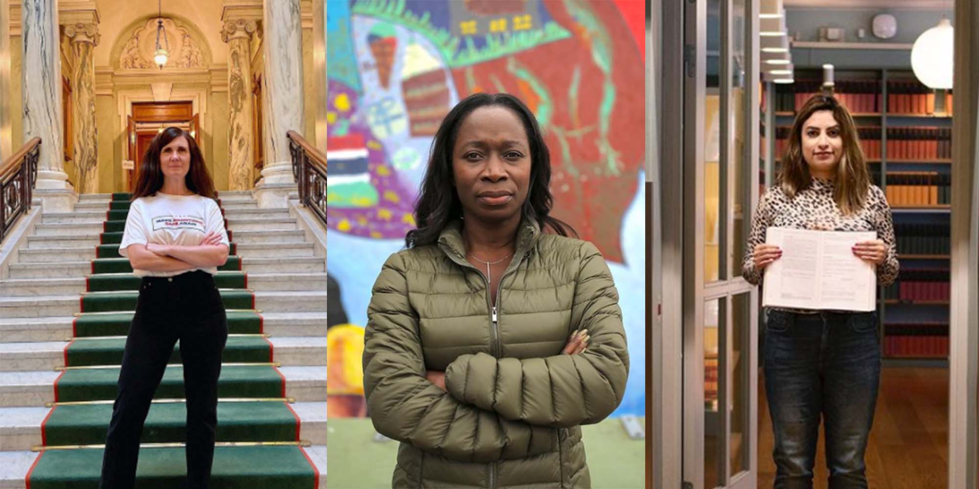 Bildkollage på tre kvinnor som står upp på olika platser