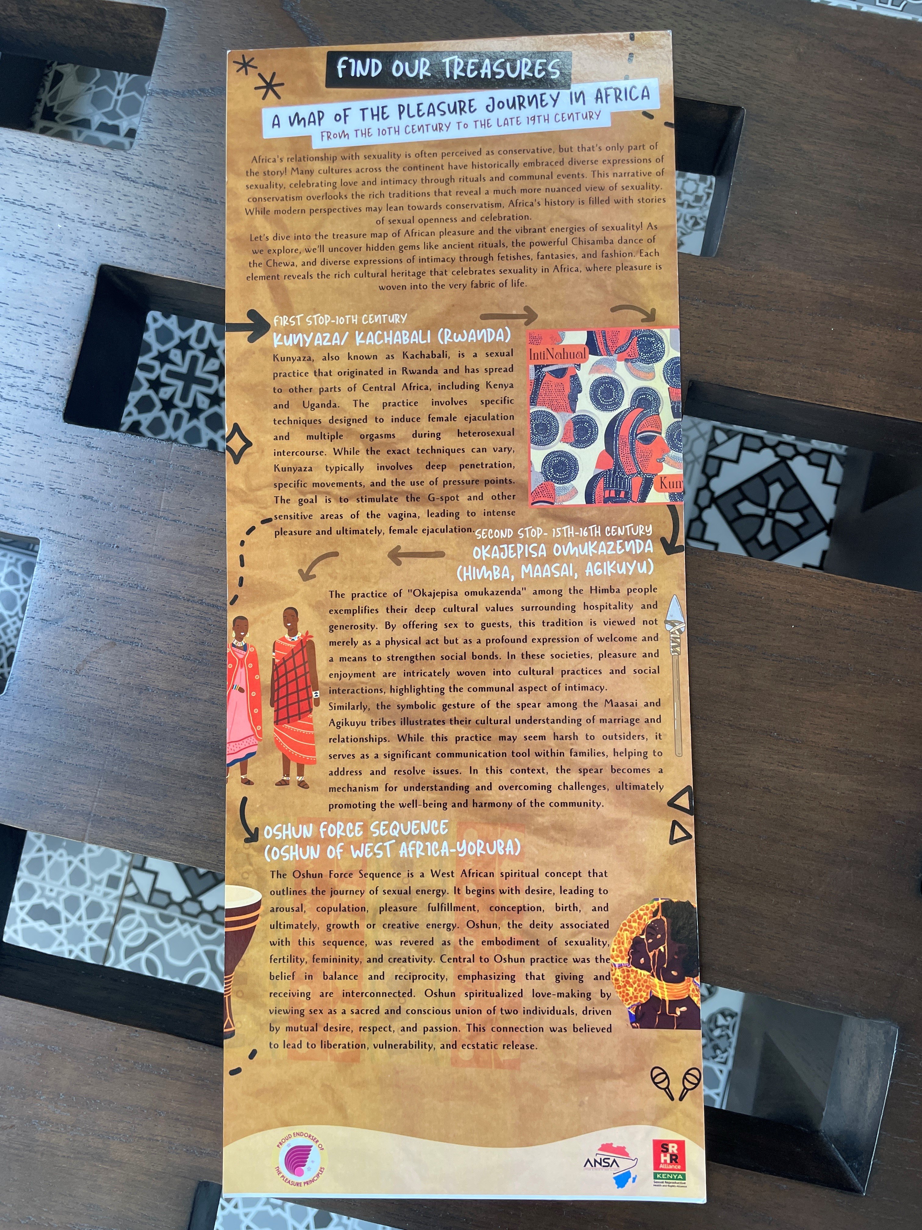 An informational brochure titled "A Map of the Pleasure Journey in Africa" rests on a wooden slatted surface. The document features colorful illustrations and text describing various historical and cultural traditions across the continent.