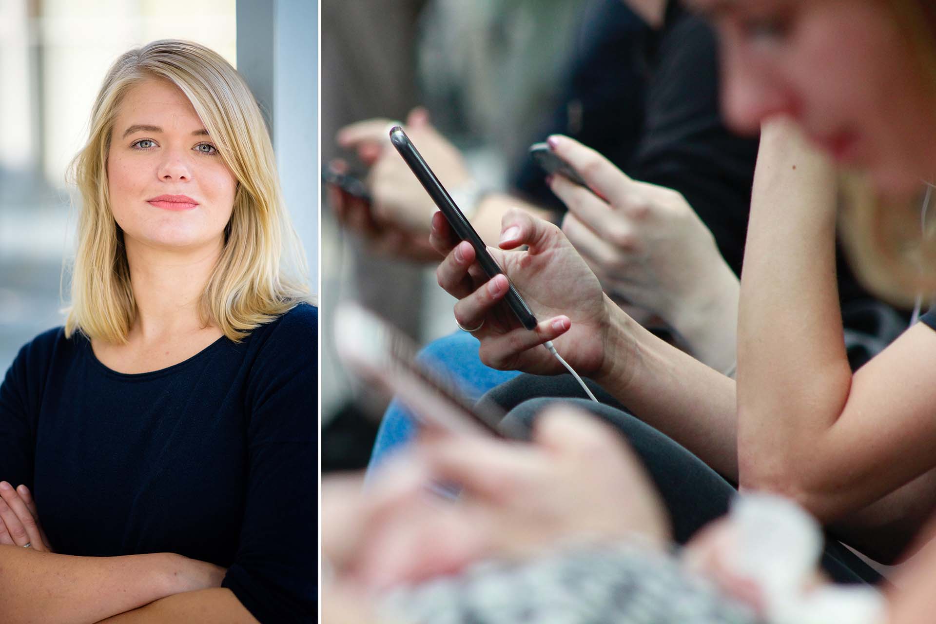 Kollage på två bilder: Den ena är ett porträtt på en blond kvinna som tittar in i kameran. Den andra är närbild på flera händer som håller i mobiltelefoner.