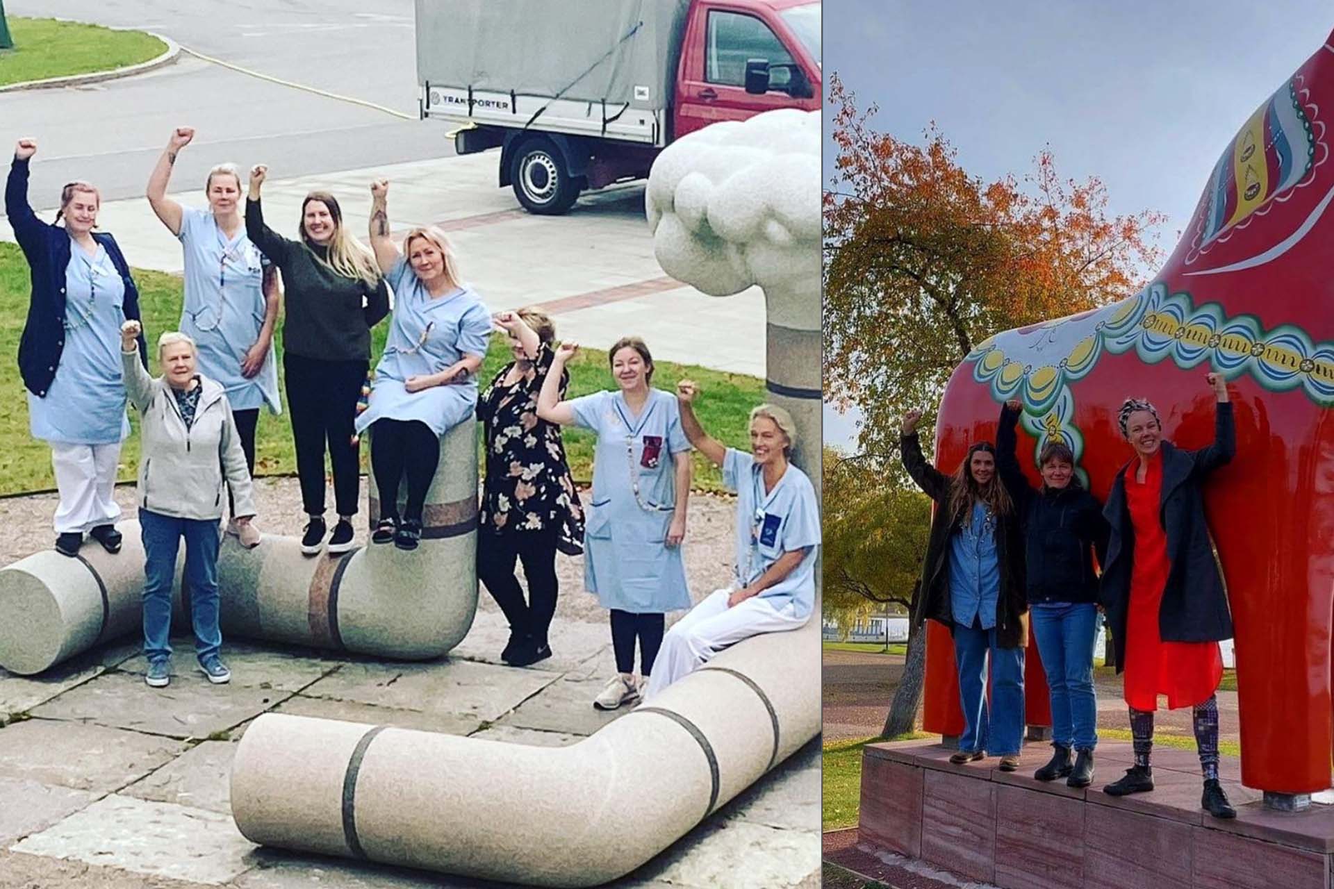 Bilden består av två ihopklippta fotografier som visar grupper av människor som genomför en gemensam protestaktion genom att hålla sina knutna nävar i luften. Den vänstra bilden visar vårdpersonal på en betongskulptur, medan den högra visar tre personer som poserar framför en stor dalahäst utomhus.