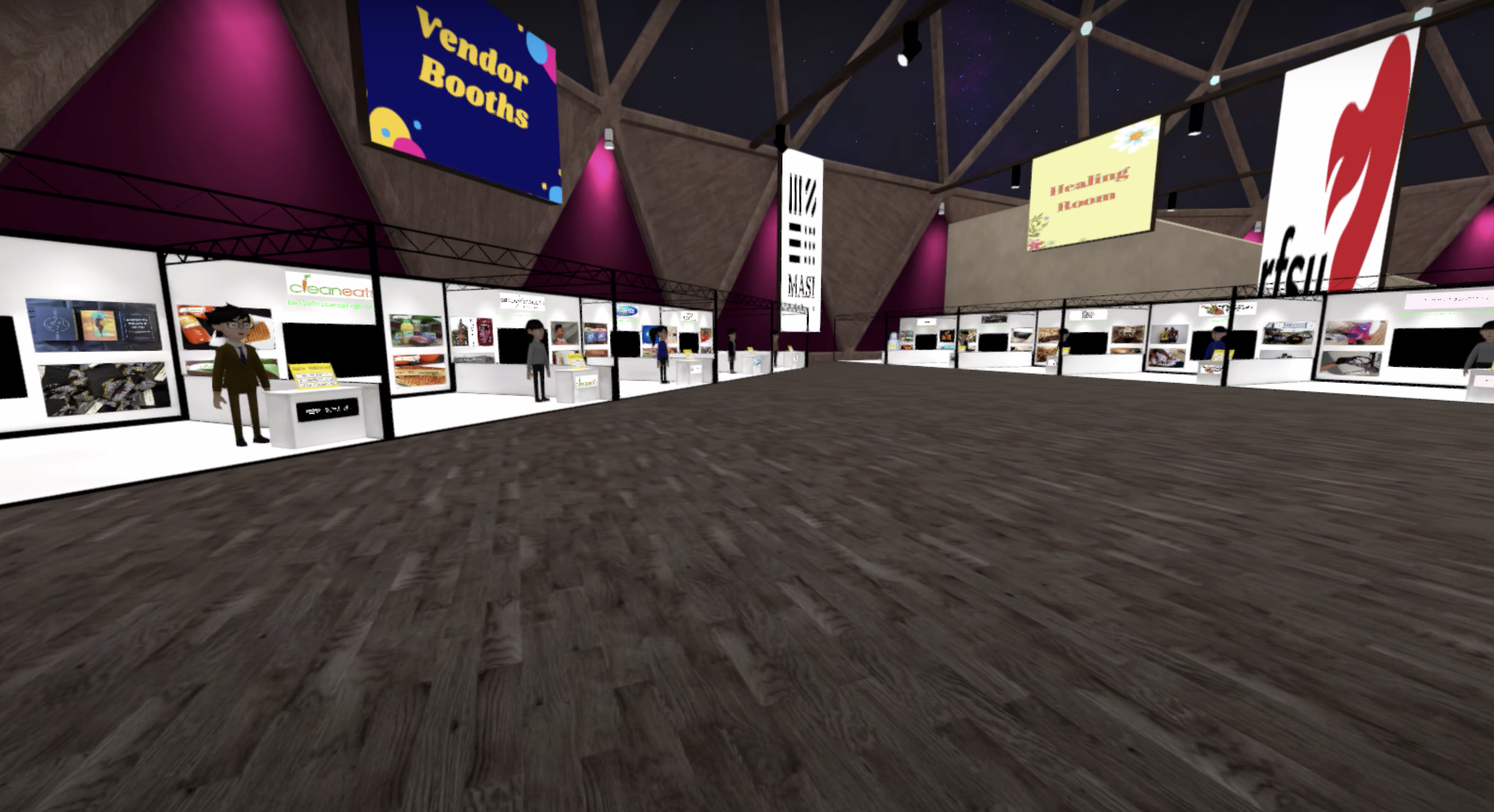 En digital 3D-miljö som visar en mässhall med olika virtuella bås och skyltar.