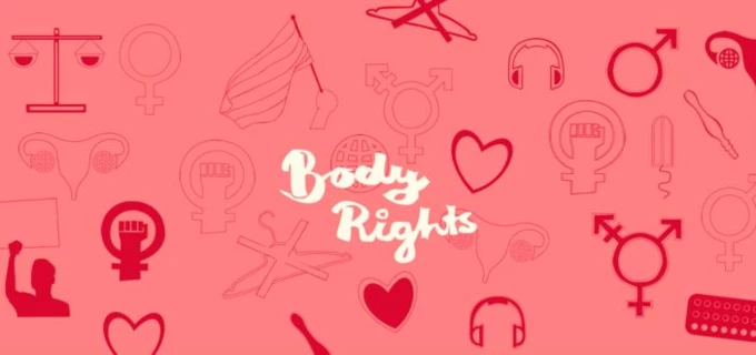 Olika symboler för feminism och jämlikhet och texten "body rights" 