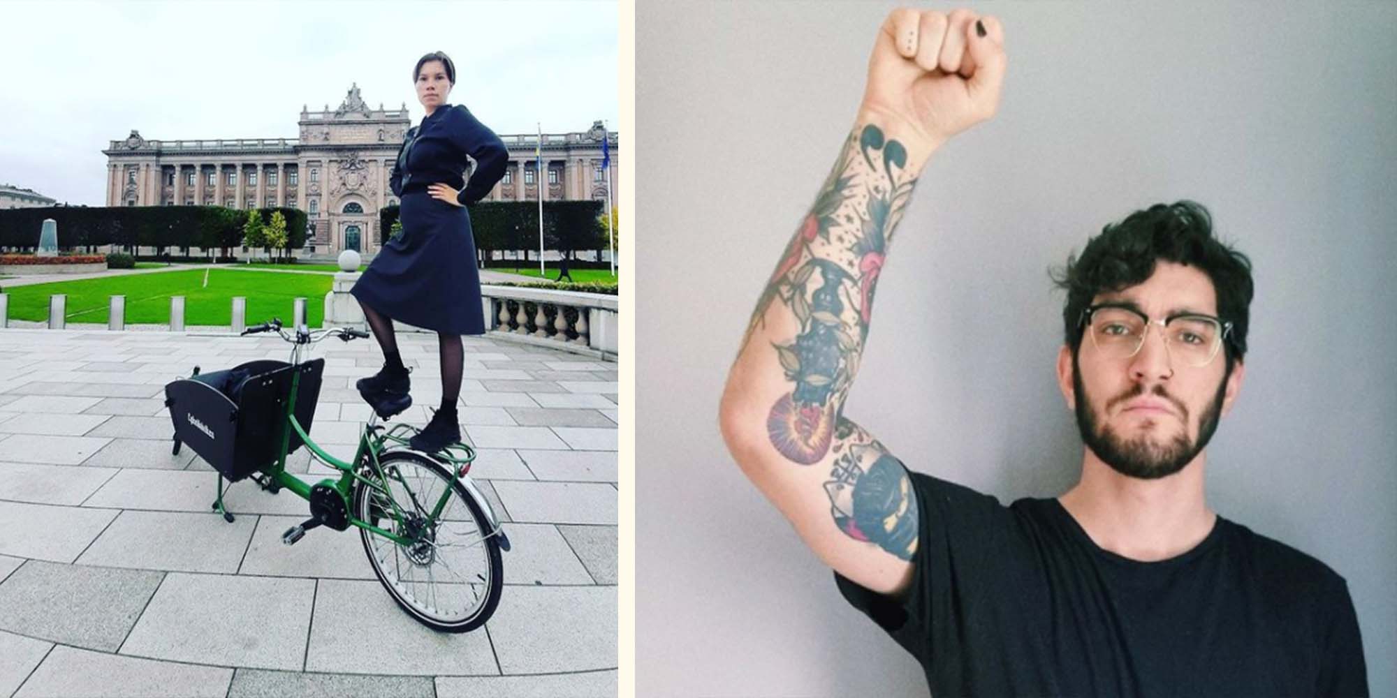Kollage på två bilder: En svartklädd person står vid en cykel och en man i svart t-shirt och tatueringar lyfter upp armen i en knuten näve