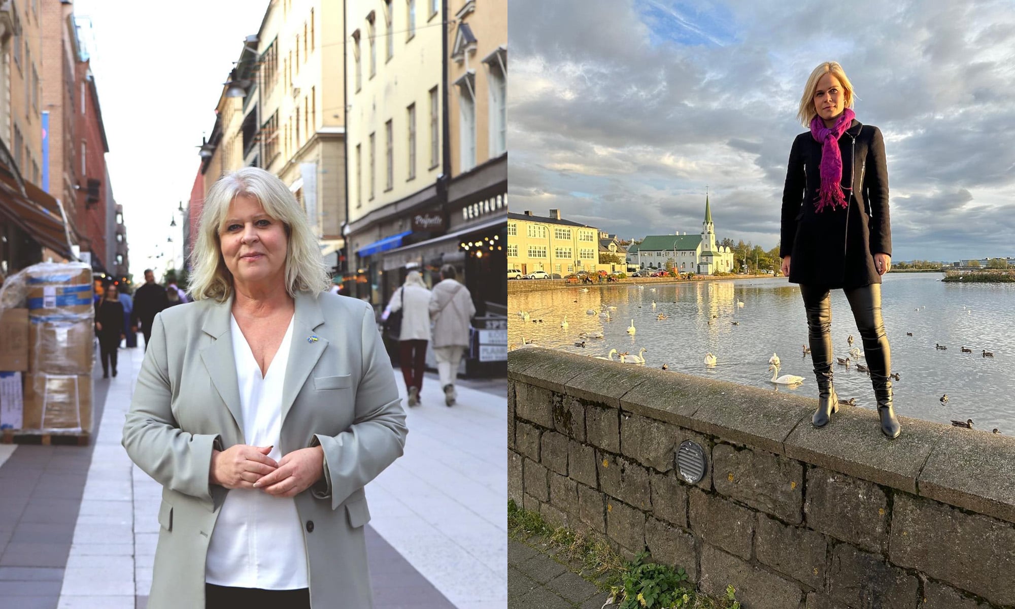 Två bilder på två kvinnor som står upp.