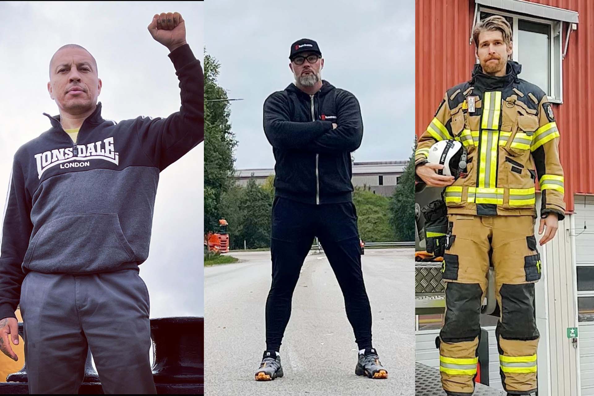 Bilden visar tre olika män som poserar i varsitt porträtt placerade sida vid sida. Motiven föreställer en man med höjd knuten näve, en man som står med armarna i kors på en väg samt en brandman i full uniform.