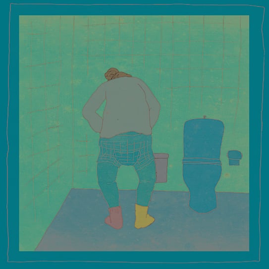 En illustration i gröna och blå toner som visar en person sedd bakifrån i ett kaklat badrum. Personen bär en tröja, uppdragna byxor och omaka strumpor (en lila och en gul) och står framåtböjd bredvid en toalett.