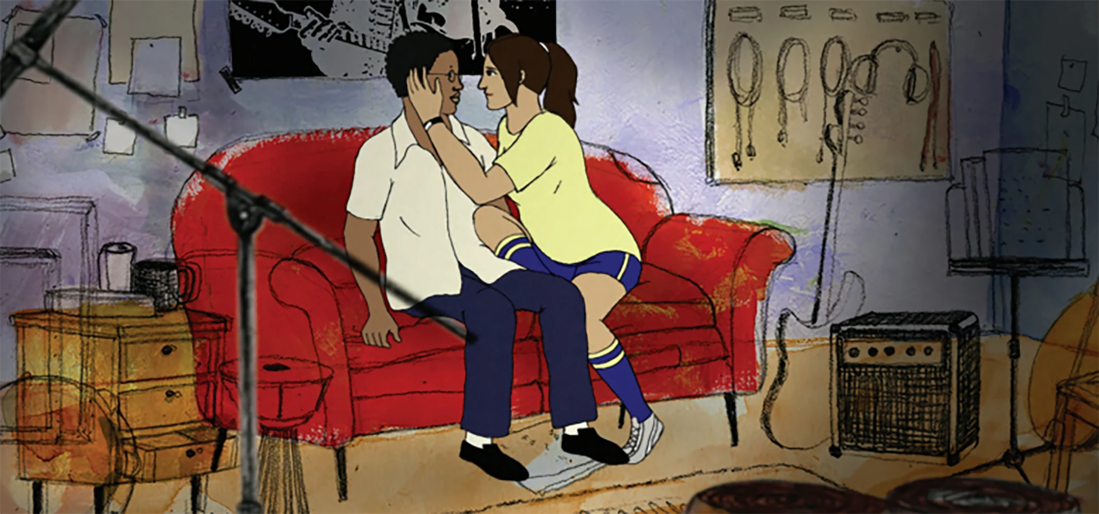 Illustration av två människor som kysser varandra på en röd soffa