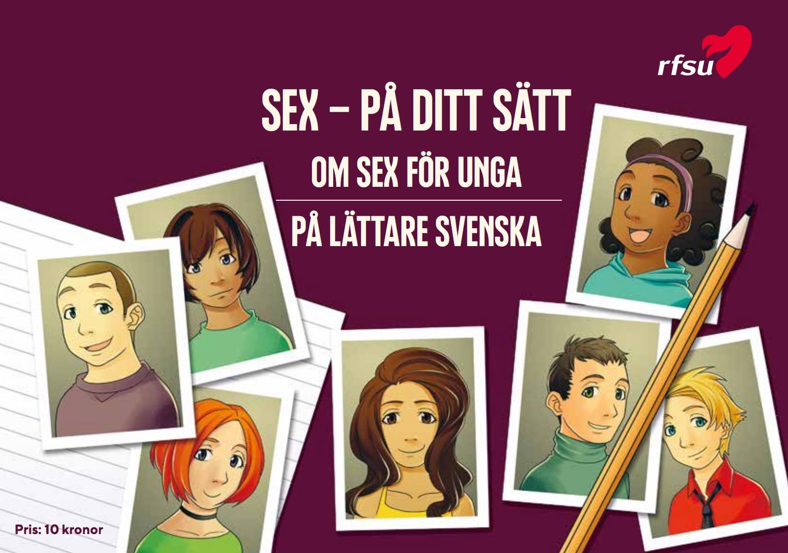 Framsida av broshyren "sex p&aring; ditt s&auml;tt" med illustrationer av portr&auml;ttbilder p&aring; unga m&auml;nniskor