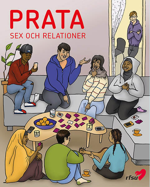 Framsida av metodboken "prata sex och relationer" med illustrationer p&aring; elever som sitter runt ett bord och umg&aring;s