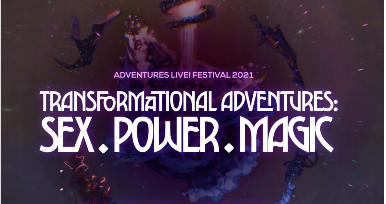 En grafisk bild för ”Adventures Live! Festival 2021” med texten ”Sex. Power. Magic.” mot en lila bakgrund.
