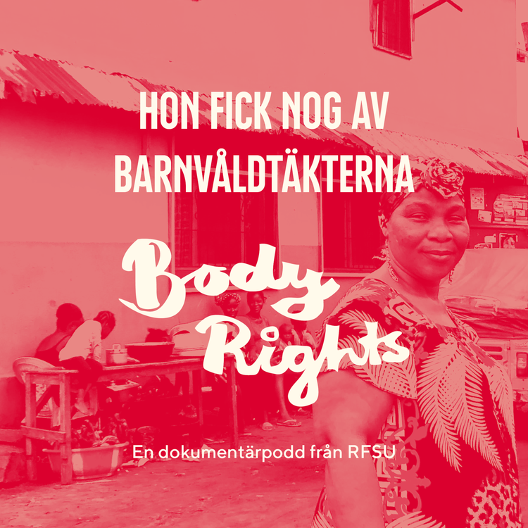 En r&ouml;dtonad bild p&aring; en kvinna i m&ouml;nstrad kl&auml;nning utomhus, med texten &rdquo;Hon fick nog av barnv&aring;ldt&auml;kterna&rdquo; och poddens logotyp.