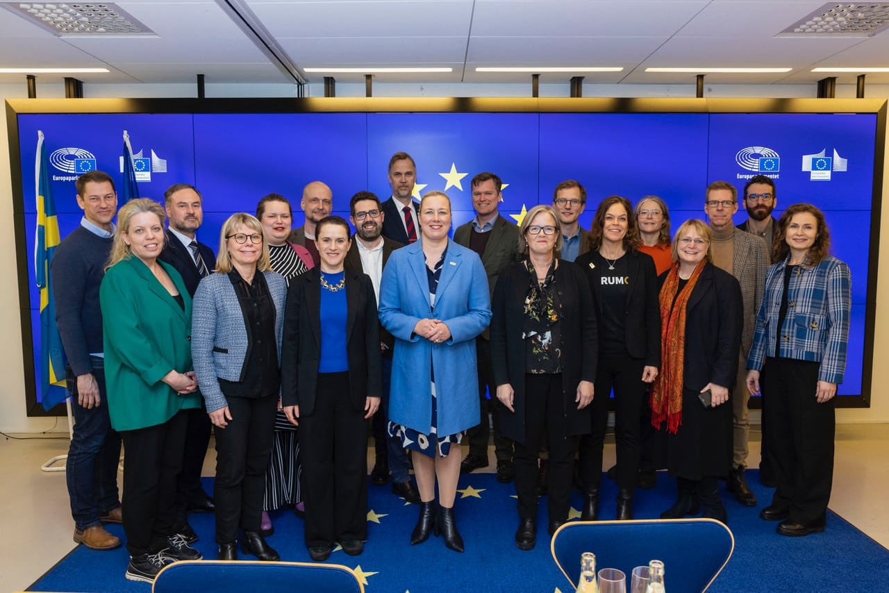 A large group of people in business attire pose for a group photo in front of a bright blue screen displaying the European Union flag and logo. A Swedish flag is visible standing on the far left side of the room.