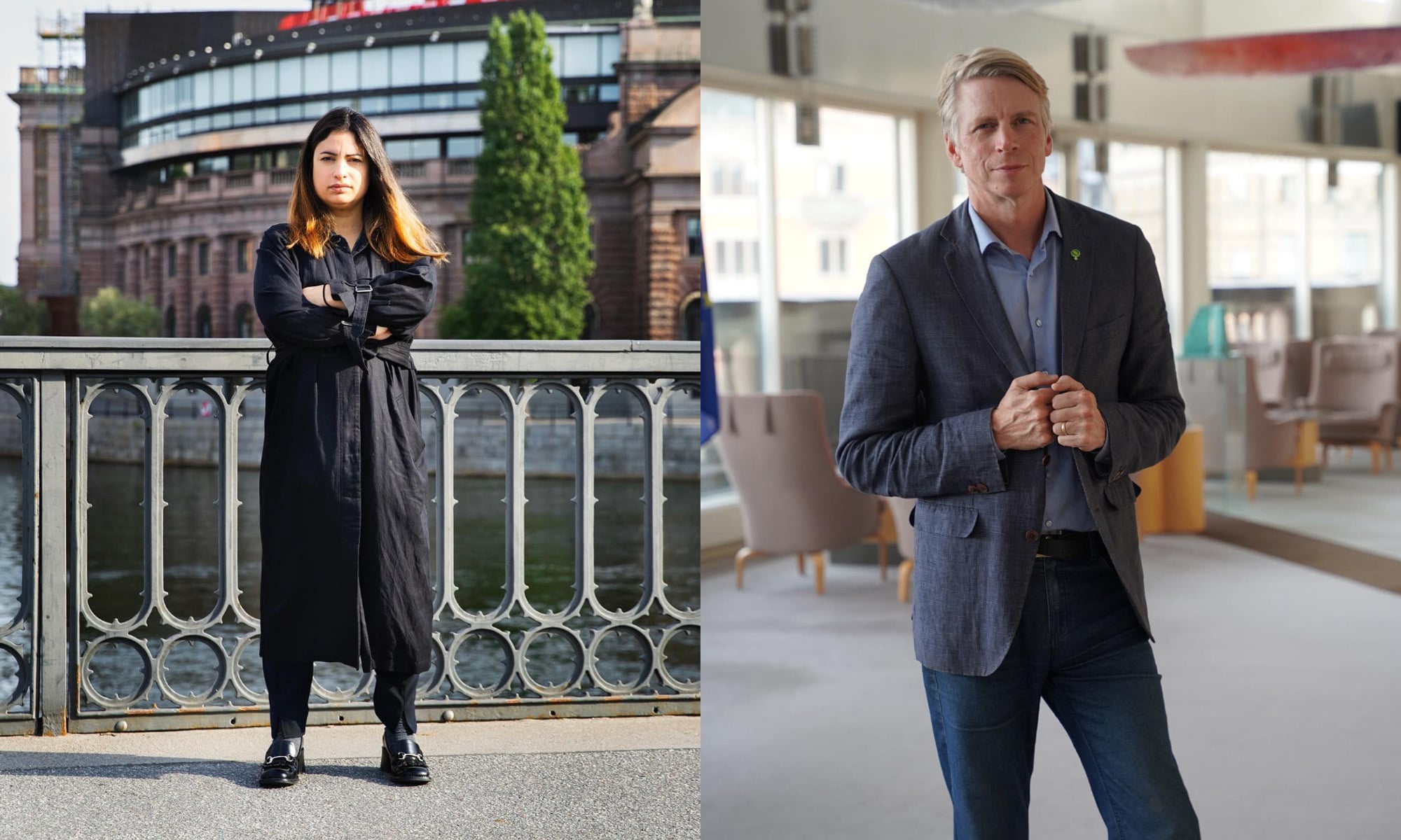 Två bilder på två personer som står upp. En med långt hår och svartklädd och den andra i blå kostym.