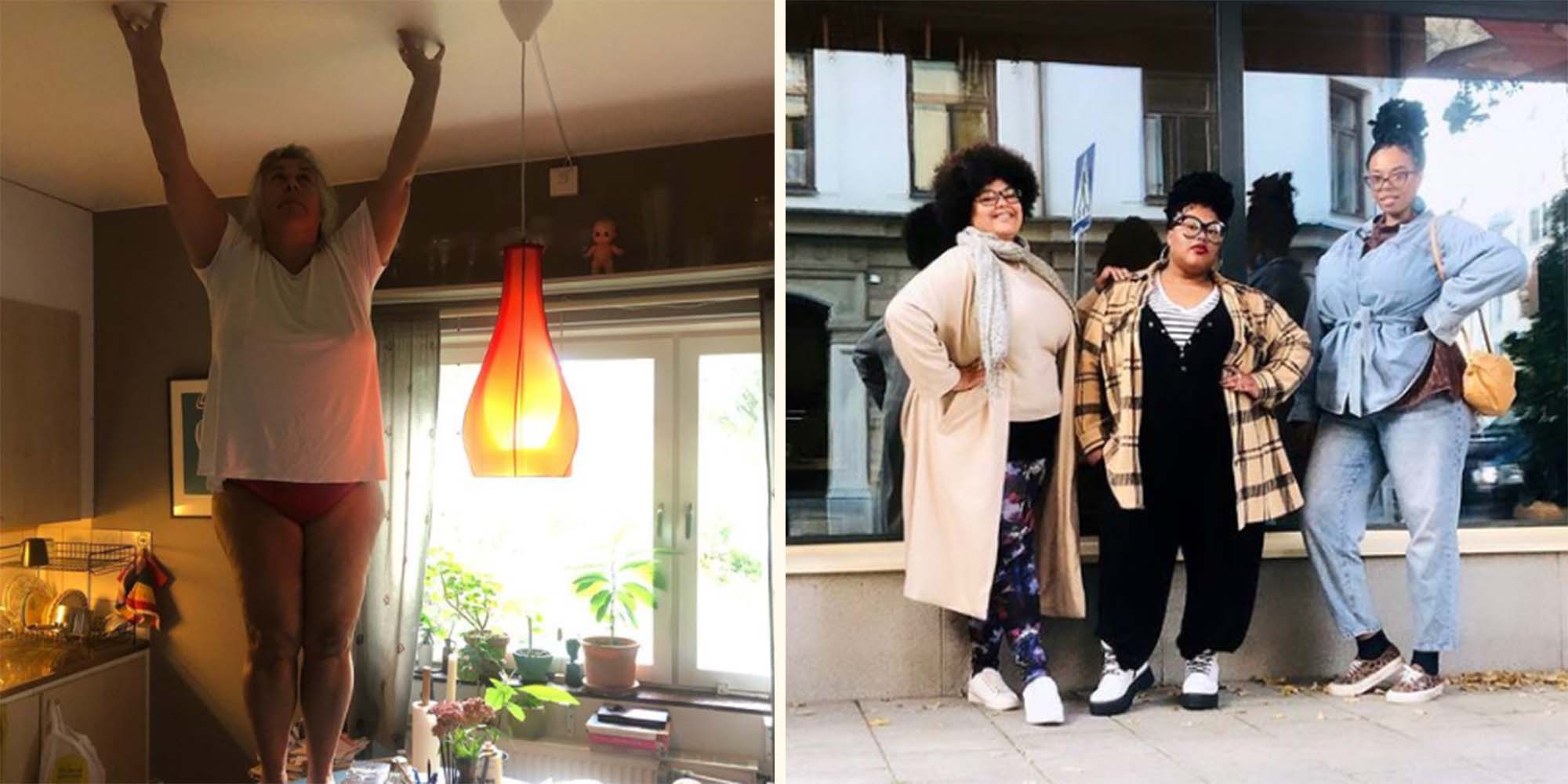 Kollage på två bilder: Kvinna står på ett bord i ett vardagsrum. Tre kvinnor står på gatan framför ett fönster