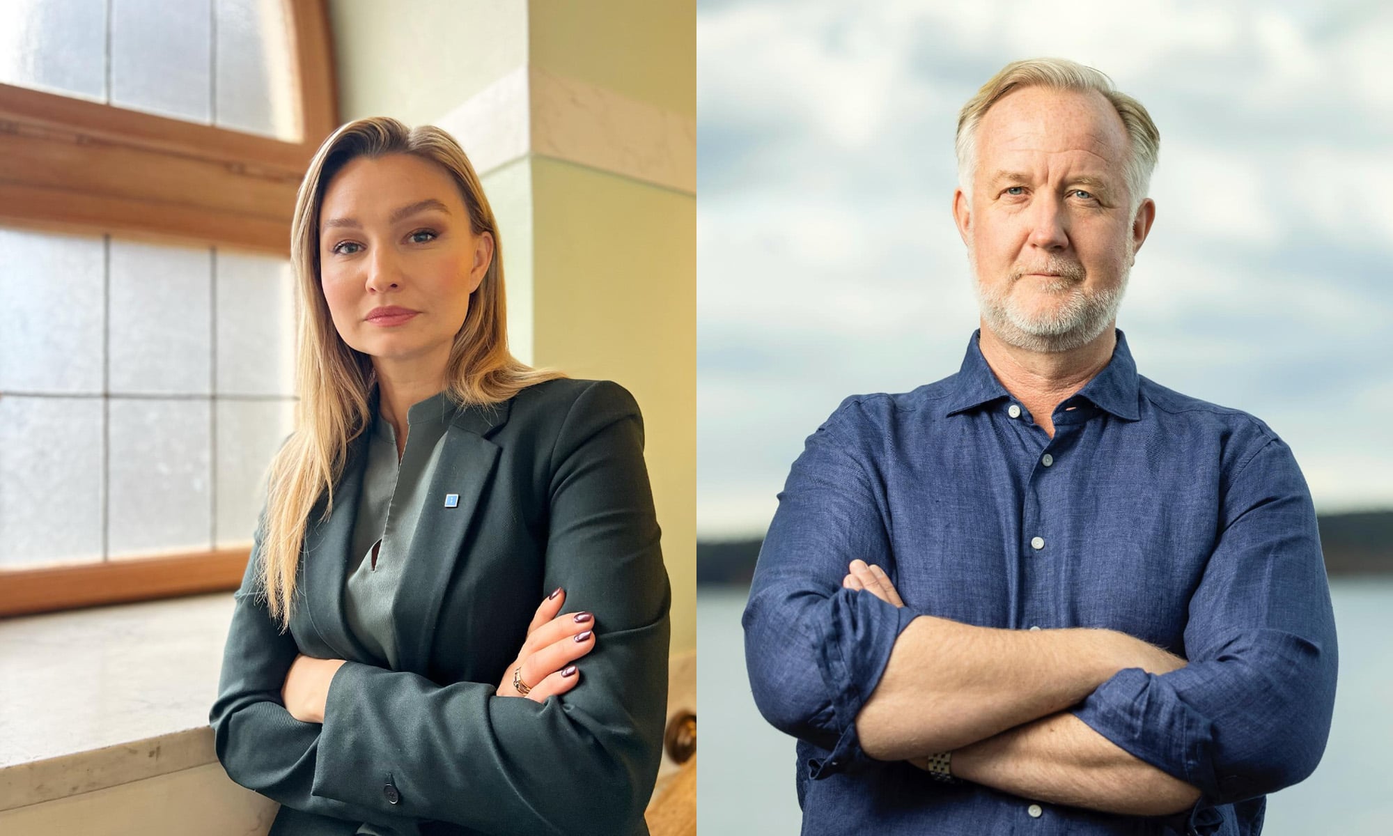 Två bilder på två personer som står upp. En med långt blont hår och en annan med kort hår och skägg.