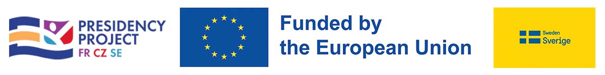 Tre logotyper på rad. 1. Presidency projekt FR CZ SE. 2. EU-flagga och texten "Funded by the Europeans Union". 3. Svensk flagga på gul bakgrund och texten "Sweden Sverige".  