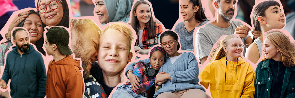 Collage med bilder på föräldrar och barn i olika åldrar 