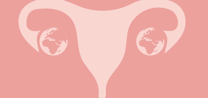 En illustrerad livmoder där äggstockarna ser ut som två jordklot.  