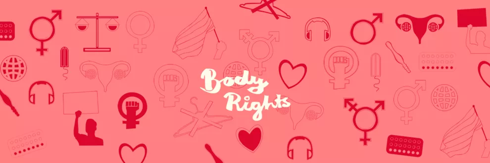 Olika symboler för feminism och jämlikhet och texten "body rights" 