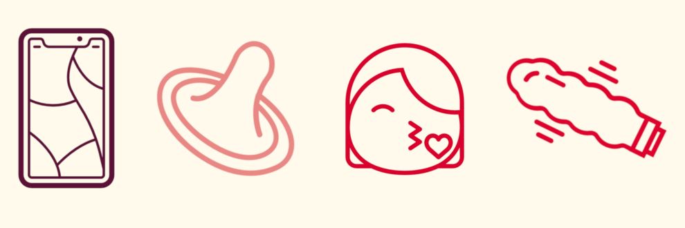 Ikoner som symboliserar nätsex, en kondom, en kyss och en vibrerande sexleksak 