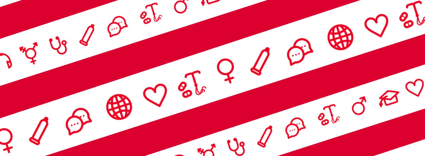 Collage med olika symboler: kvinnotecken, en kondom, pratbubblor, en spiral och en jordglob 