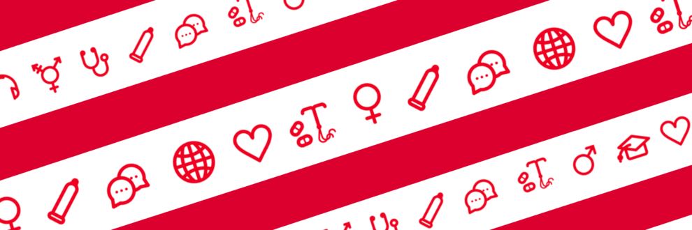 Collage med olika symboler: kvinnotecken, en kondom, pratbubblor, en spiral och en jordglob 