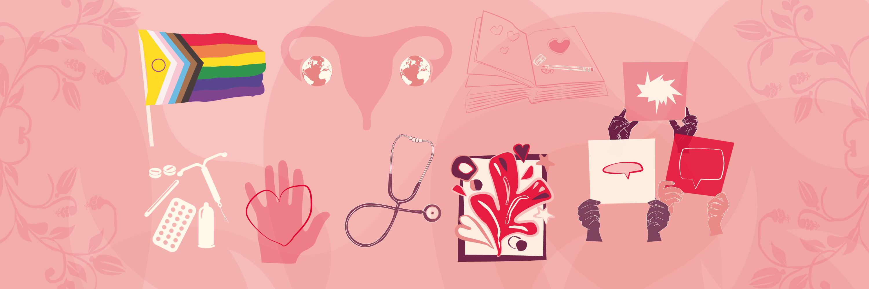 Montage of different SRHR icons on a pink background 