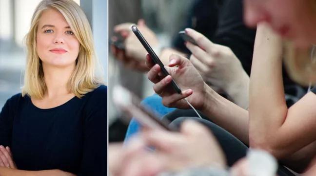 Collage. Till höger, en hand som håller i en mobiltelefon. Till vänster, RFSU:s sexualupplysare Kerstin Isaxon 