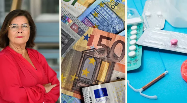 Collage med porträtt av RFSU:s generalsekreterare Ingela Holmertz, en hög euro-sedlar samt en bild med olika preventivmedel 
