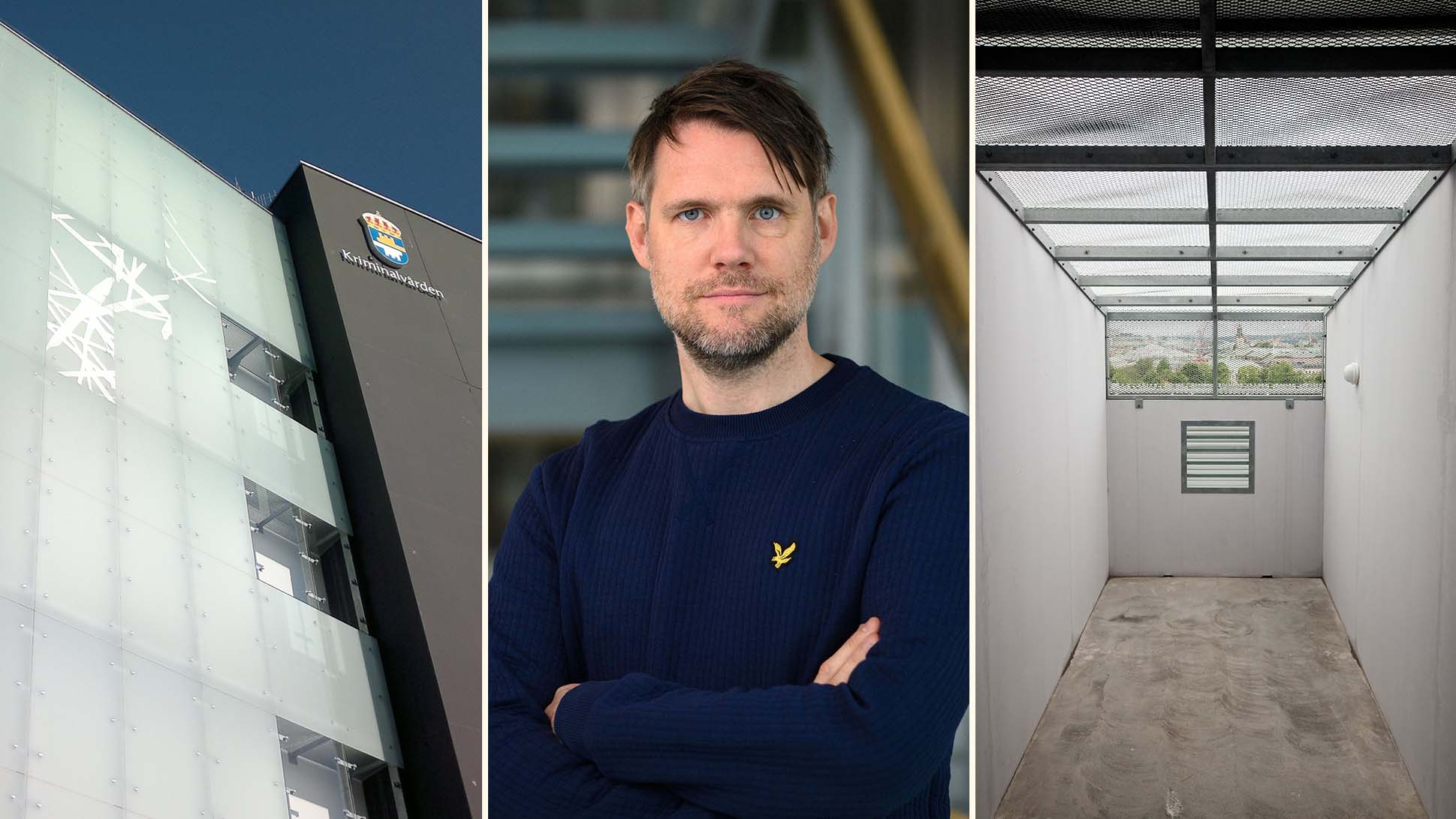 Bildcollage med foto på häktet i Helsingborg och en rastgård på en anställt. I mitten ett fotografi på Jonas Lemon, projektledare på RFSU. 