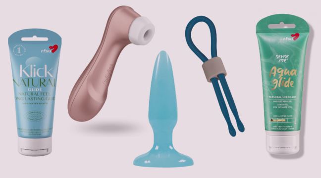 Två tuber glidmedel, en satisfyer-vibrator, en analplugg och en erektionshållare 