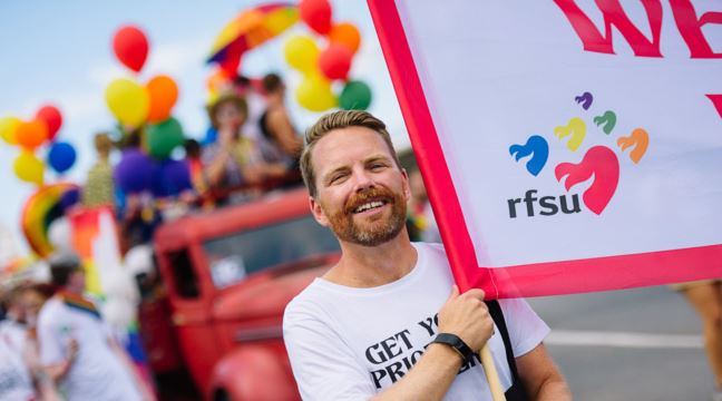 RFSU:s förbundsordförande Hans Linde i paraden på Stockholm Pride 2018 