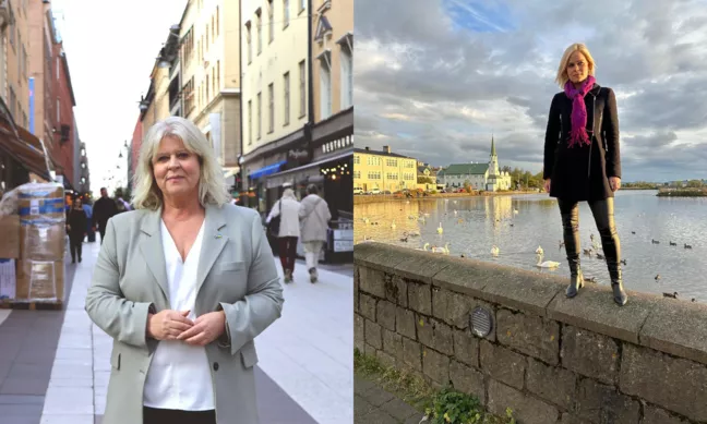 Socialtjänstminister Camilla Waltersson Grönwall står på Drottninggatan i Stockholm och jämställdhetsminister Paulina Brandberg står ovanpå en mur vid vattnet. Collage, foto. 