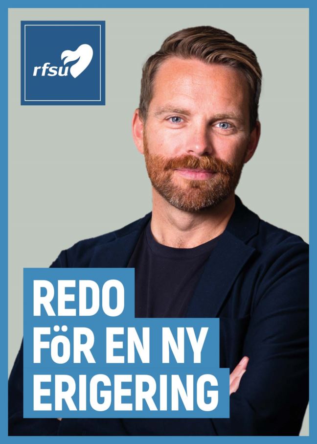 Porträtt på RFSU:s förbundsordförande Hans Linde och texten: "Redo för en ny erigering" med Kristdemokraternas typsnitt. 