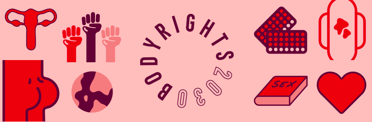 Collage med symboler på temat sexuell och reproduktiv hälsa och rättigheter, till exempel p-pillerkartor, en binda, ett hjärta, en livmoder, tre knutna händer och en jordglob. 