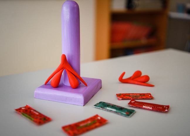 En klitoris i plast står lutad mot en tränis. Kondomer runtomkring. 