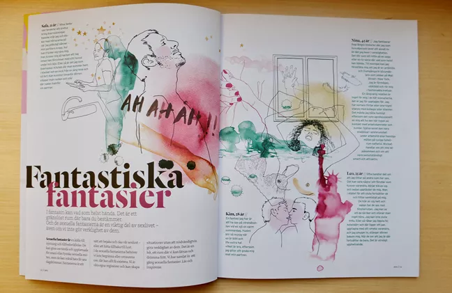 Fotografi av ett uppslag ur tidningen "Sex". 