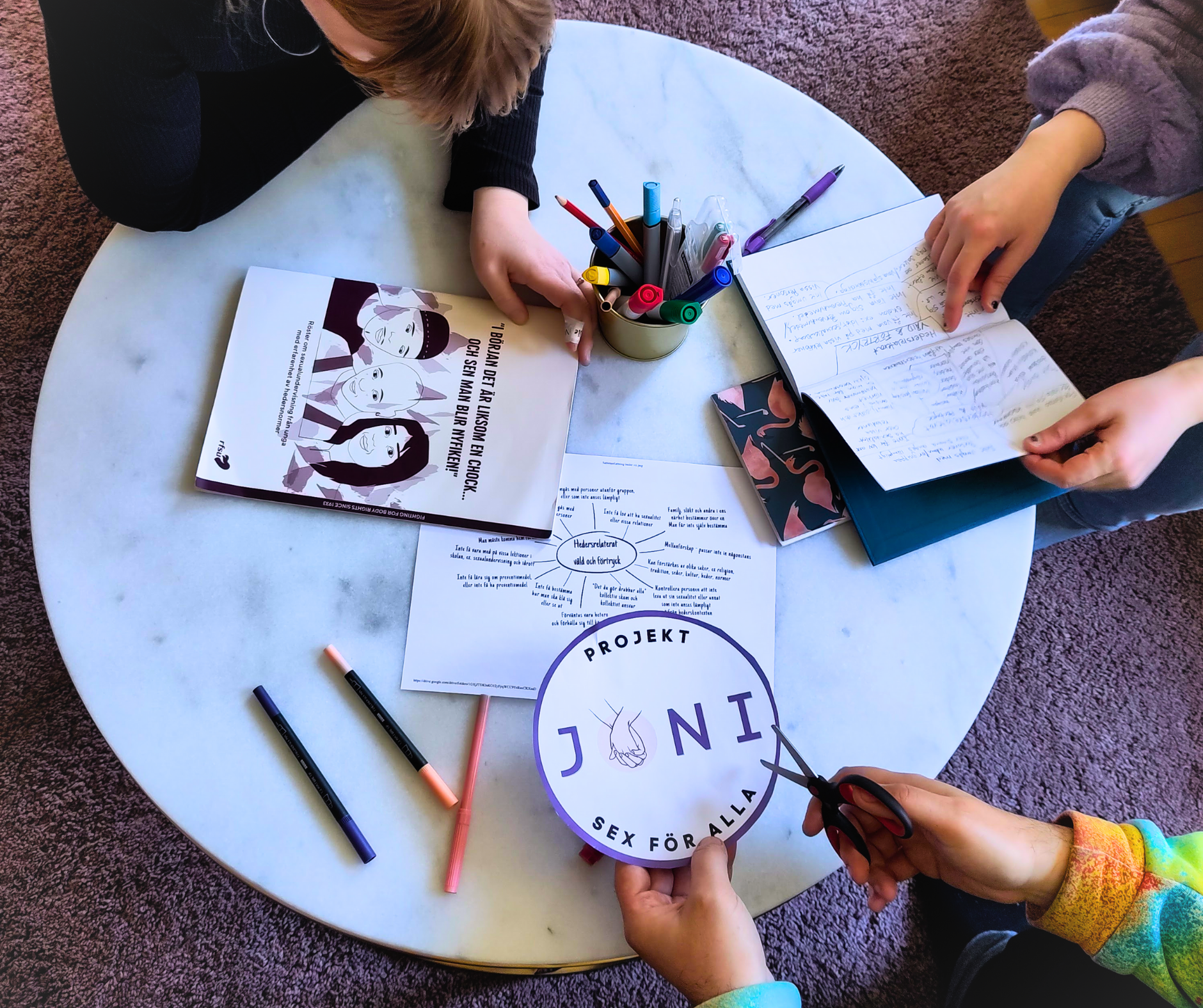 Runt bord, händer som klipper, ritar och pysslar med material från projekt Joni. 