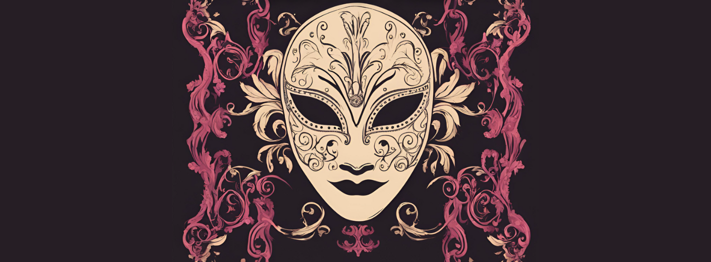 Illustration av en beige cabaretmask mot en svart och röd bakgrund. 