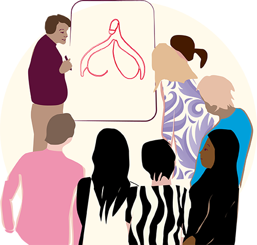 Tecknad bild på en grupp personer som står framför en tavla där en klitoris är ritad. Personerna har olika hudfärg och utseende.  
