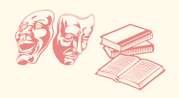 beige bakgrund med rosa tecknade böcker och revymasker.  