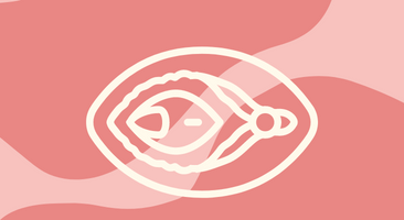 Vit silhuett av en vulva mot rosa bakgrund  