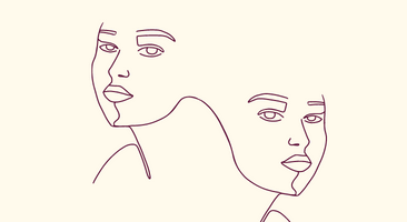 Gräddvit bakgrund med lila linjer som bildar två ansikten.  