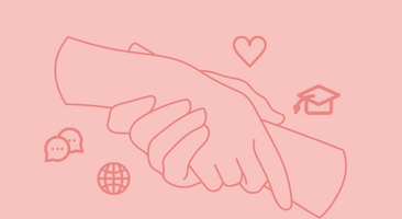 Ljusrosa bakgrund med konturer av två händer som håller i varandra i mörkrosa. Runt händerna finns följande symboler utspridda: ett hjärta, en jordglob, två pratbubblor och en oxfordmössa.  