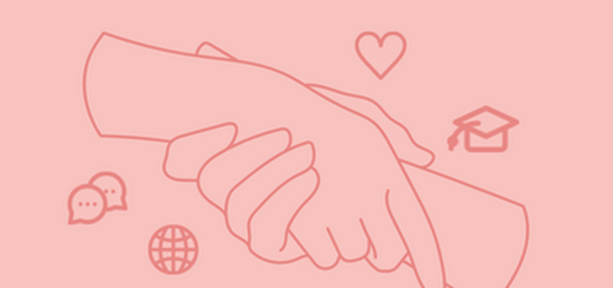 Ljusrosa bakgrund med konturer av två händer som håller i varandra i mörkrosa. Runt händerna finns följande symboler utspridda: ett hjärta, en jordglob, två pratbubblor och en oxfordmössa.  